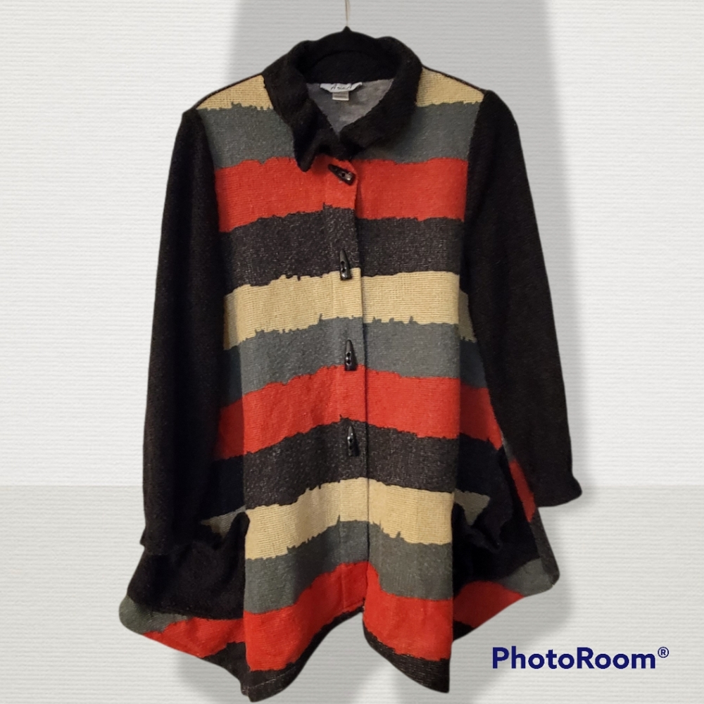 Aris.A red, gray, red, and black cardigan, size small